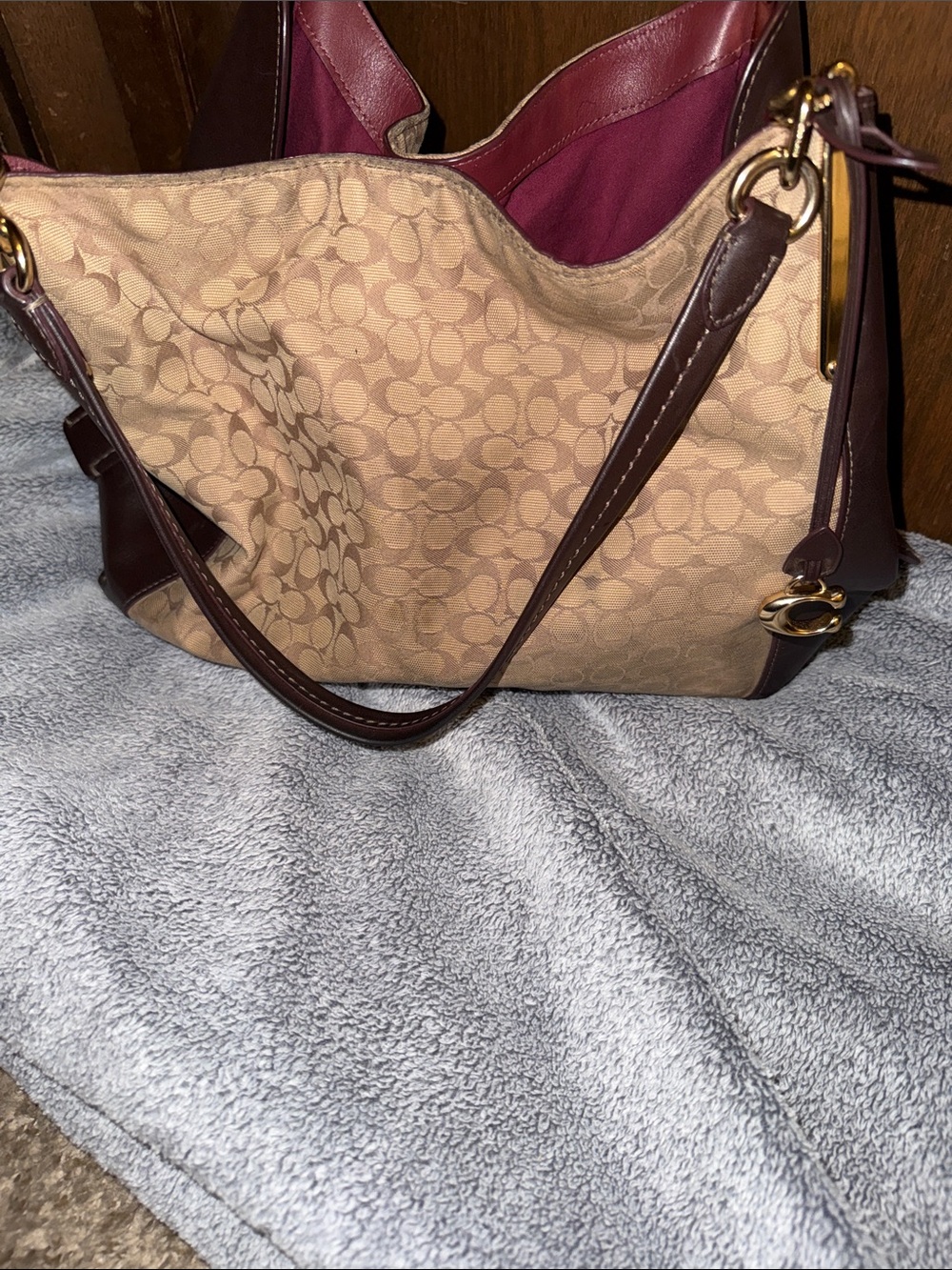 Authentic Coach Beige Signature Canvas Shoulder Bag with Brown Trim